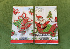 Vintage 60 s Set Of 3 Linen Christmas Tea Towels Santa Bells Poinsettia