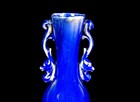 Chinese Art Pottery Blue And Brown Slip Glaze 10  Dragon Handle Footed Vase 1970