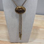 Vintage Southwestern Bolo Tie Brown Sedimentary Cabochon Woven Cord Metal Tips