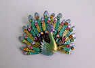 Jeweled Peacock Bird Brooch -  Bright Colorful Bird Pin W  Tail Feathers Spread
