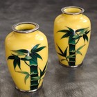 Pair Of Vintage Japanese Japan Yellow Cloisonne Vases W  Green Bamboo Design