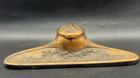 Antique Art Nouveau Cast Metal Desk Inkwell  Pen Tray   Glass Ink Well