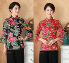 Slim Womens Long Sleeve T-shirt Chinese Traditional Floral Cotton Tang Suit Tops