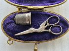 Antique Victorian Miniature Child Sewing Etui Sterling Stork Scissor Thimble Mop