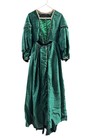 Vintage Victorian Style Green Satin Look Gown Dress Lace Bishop Sleeves 26 Waist
