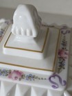Vtg Mid-century Milk Glass Wedding Cake Box Candy Compote Dish Footed Gold Trim