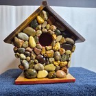 Hand Crafted Wooden Stone-covered Birdhouse Rustic Farmhouse Home   Garden