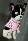 Pale Pink Rhinestone Black White Enamel Pied French Bulldog Keyring Purse Fob