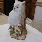 White Owl Bird Figurine On Tree Stump Base Decorative Collectible Sculpture