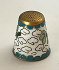 Vtg Cloisonne Brass Thimble Ivory Enamel White W green Blue Flowers Blue Inside