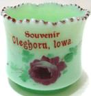 Antique Green Custard Glass Souvenir Cleghorn Iowa Floral 2 1 2  Tall