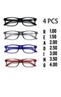 4 Pair Rectangular Spring Hinge Power Reading Reader Glasses For Mens Womens 1-3