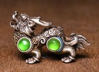 4cm Old Chinese Dynasty Silver Inlay Green Jade Coin Kylin Unicorn Qilin Statue