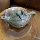 Vtg Yixing Zisha Chinese Clay Green Over Tan Teapot With Frog On Lotus Leaf Lid