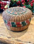 Antique Round  Wicker Sewing Basket Full Of Vintage Notions Silk Thread Darner