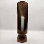 Vtg Copper Chamber Candle Stick Holder Wood Base Black  Cast Iron Handle Shield