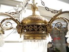 Antique Ceiling Lamp Art Nouveau Chandelier Brass Cut Satined Glass 7 Lamps 1900