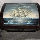 Vintage Hand Painted Nautical Sailing Ship Wooden Chest Box Maritime Folk Art
