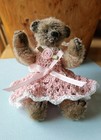 Vintage Ooak Teddy Bear 4 5  Jointed With Pink Crocheted Clothes  Glass Eyes