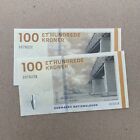 Same Serials 2 Pcs Denmark 100 Kroner Banknote Lot 2009 Danish Currency Note