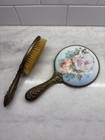 Vintage Porcelain Floral   Embossed Brass Hand Mirror And Brush Victorian