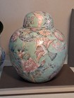 Vtg Wbi Asian Ginger Jar W lid  Hand Painted Hummingbird peony Design  Macau 