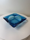 Vintage Mid Century Aqua Blue Glass Square Ashtray 4 Notch 6  Cigar Or Cigarette
