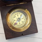 Vtg Nautical Brass Compass In Wood Anchor Inlay Box Maritime Desk Office Decor 