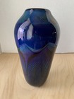 Vintage Studio Art Glass 9  Vase Iridescent Cobalt Blue Pulled Feather Unsigned