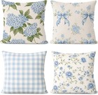 Set Of 4 Hydrangea Floral Pillow Covers 18 X 18 Inches Blue White Grid Hydran   