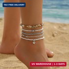 Ankle Bracelets For Women Stretch Boho Pearl Bead Gold Anklets Layered Sequins F