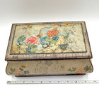 Vintage Biscuit Cookie Tin Hinged Lid Floral Made In England Jewelry Box 9 