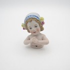 Antique German Bisque Child With Hat  Flowers  Pin Cushion Half Doll
