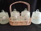 5 Pc Vintage Hazel Atlas Frosted Glass Nursery Baby Storage Jars   Wood Carrier