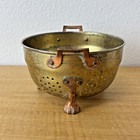 Vintage Three Footed Two Handled Metal   Copper   Brass     Colander Pot