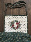 Vintage 90s Christmas Apron Green Holly Print Quilted Cardinal Bib Pocket