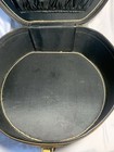 Vintage Navy Blue W  Cream Stripe Train Box  Hat Box  Luggage Carrier