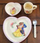 Vintage 90   s Disney Beauty   The Beast 4 Piece Set W plate  Bowl  Cup  Spoon