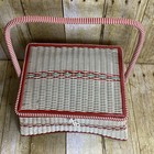 Vtg Wicker Sewing Basket Box Woven Teal Red White 12  Mid Century Lidded