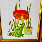 Set Of 2 Vintage Frog Mushroom Crewel Embroidery Finished Framed Retro Stitchery
