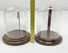 Vintage Lot 2 Glass Dome Cloche 5  Wood Base Display Case Bards W  Hooks
