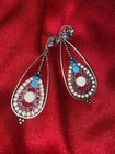 Silver Tone Teardrop Dangle Drop Earrings Unbelievable Faux Opals  Rubies  Etc  