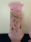 Pair antique Victorian Pink Satin Bristol Glass Vases fuchsia Enamel Decoration