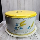 Vintage Wheat Cake Pie Carrier Yellow Metal With Base And Lid Floral Design