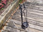 Fireplace Tool Set Cast Iron Metal 3pc Plus Stand Poker Shovel Grabber Vtg Antiq