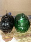 Vintage Glass Dark Amber And Green Smiling Piggy Bank With Dimples Set Of 2