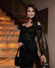 Glitter Black Lace Straight Prom Gowns Off Shoulder Long Sleeves Evening Dresses