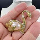 Vintage Spain Swan Brooch Gold Tone Cream Faux Pearl Scroll Figural Bird Pin