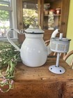 Antique French Coffee Percolator Pot Enamelware White black complete charming 6   