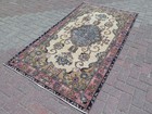 Rose   Beige Vintage Turkish Floral Carpet  Handmade Distressed Area Rug 46 x82 